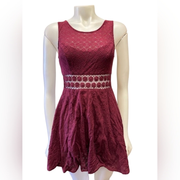 Free People EUC Burgundy Skater Dress Lace Daisy Overlay Mini Size 4 - Picture 2 of 12